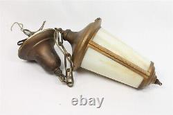 Vintage Art Deco Brass Metal Curved Glass Pendant Hanging Light Lighting Fixture