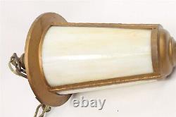 Vintage Art Deco Brass Metal Curved Glass Pendant Hanging Light Lighting Fixture