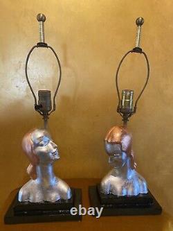 Vintage Art Deco Pair Of Table Lamps Sexy Women Silver And Copper Leafing