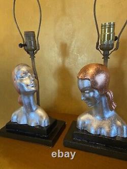 Vintage Art Deco Pair Of Table Lamps Sexy Women Silver And Copper Leafing