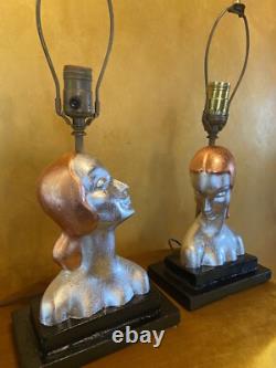 Vintage Art Deco Pair Of Table Lamps Sexy Women Silver And Copper Leafing
