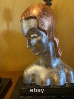 Vintage Art Deco Pair Of Table Lamps Sexy Women Silver And Copper Leafing