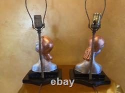 Vintage Art Deco Pair Of Table Lamps Sexy Women Silver And Copper Leafing