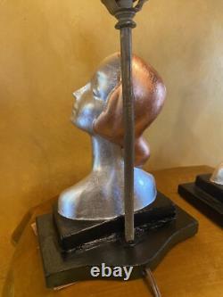 Vintage Art Deco Pair Of Table Lamps Sexy Women Silver And Copper Leafing