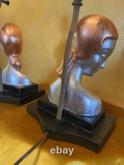 Vintage Art Deco Pair Of Table Lamps Sexy Women Silver And Copper Leafing