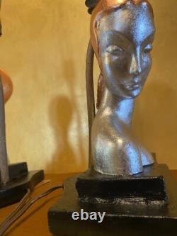 Vintage Art Deco Pair Of Table Lamps Sexy Women Silver And Copper Leafing