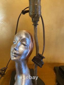 Vintage Art Deco Pair Of Table Lamps Sexy Women Silver And Copper Leafing