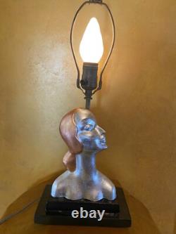 Vintage Art Deco Pair Of Table Lamps Sexy Women Silver And Copper Leafing