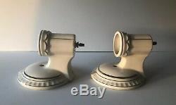 Vintage Art Deco Pair Of White Porcelain Wall Sconce Light Fixtures Silver Trim