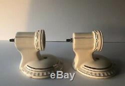 Vintage Art Deco Pair Of White Porcelain Wall Sconce Light Fixtures Silver Trim