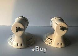 Vintage Art Deco Pair Of White Porcelain Wall Sconce Light Fixtures Silver Trim