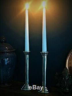 Vintage Art Deco White Metal / Polished Steel Pair of Candlesticks c. 1930