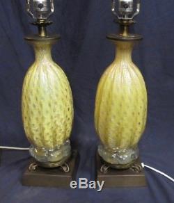 Vintage Barovier & Toso Pair Glass Lamps Yellow And Silver Foil Adventurine 50's