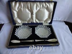 Vintage Cased Pair Of Star Cut Butter Dishes With Silver Knives 1963