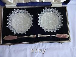 Vintage Cased Pair Of Star Cut Butter Dishes With Silver Knives 1963