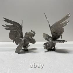 Vintage Cast Brass Roosters Pair of Silver Tone Bookends