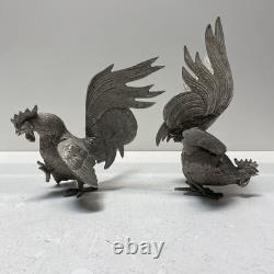 Vintage Cast Brass Roosters Pair of Silver Tone Bookends