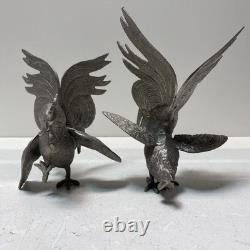 Vintage Cast Brass Roosters Pair of Silver Tone Bookends
