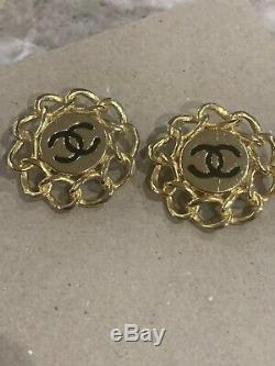 Vintage Chanel CC Paris GOLD Tone Black Clip On Earrings Pair 1 1/2 Diameter