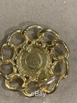Vintage Chanel CC Paris GOLD Tone Black Clip On Earrings Pair 1 1/2 Diameter