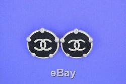 Vintage Chanel CC Paris Silver Tone Black Clip On Earrings Pair 1 1/2 Diameter