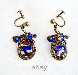 Vintage Chinese Export Silver Vermeil Cloisonne Dragon Earrings GF Screwbacks