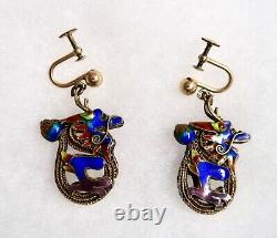 Vintage Chinese Export Silver Vermeil Cloisonne Dragon Earrings GF Screwbacks