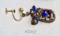 Vintage Chinese Export Silver Vermeil Cloisonne Dragon Earrings GF Screwbacks