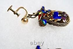 Vintage Chinese Export Silver Vermeil Cloisonne Dragon Earrings GF Screwbacks