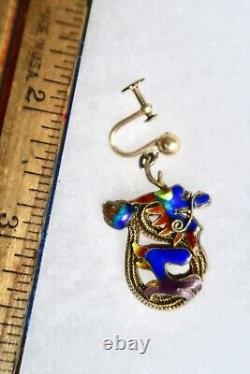 Vintage Chinese Export Silver Vermeil Cloisonne Dragon Earrings GF Screwbacks