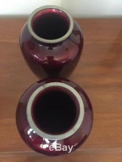 Vintage Chinese Red Ox Blood Foil Ginbari Silver Cloisonne Vase Pair