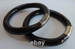 Vintage Chunky Pair Of Black Coral And Silver Pair Of Bangle Bracelets