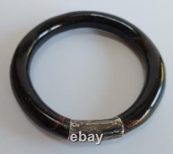 Vintage Chunky Pair Of Black Coral And Silver Pair Of Bangle Bracelets