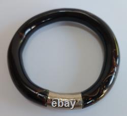 Vintage Chunky Pair Of Black Coral And Silver Pair Of Bangle Bracelets