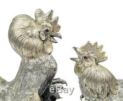 Vintage Continental Sterling Silver Fighting Roosters Cocks Pair -Ruby Eyes 448g