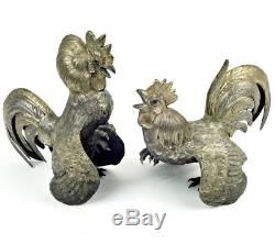 Vintage Continental Sterling Silver Fighting Roosters Cocks Pair -Ruby Eyes 448g