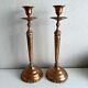 Vintage Copper Candlestick Pair 17 Patina Wide Base Tiered Detailed Unique
