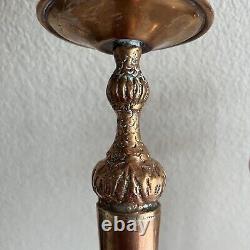 Vintage Copper Candlestick Pair 17 Patina Wide Base Tiered Detailed Unique