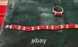Vintage Couple Sterling Silver 925 Bracelet And Ring Size 7 With Red Gemstone