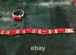 Vintage Couple Sterling Silver 925 Bracelet And Ring Size 7 With Red Gemstone
