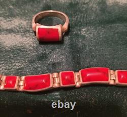 Vintage Couple Sterling Silver 925 Bracelet And Ring Size 7 With Red Gemstone
