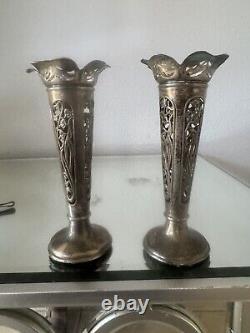Vintage England Pair Of Sterling Silver 6 Vase # R2489654 Lion Hallmark