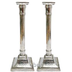 Vintage English Silverplate Neoclassical Doric Column Candlesticks 11.75 a Pair