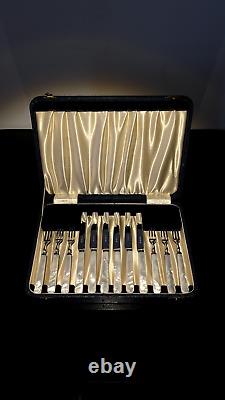 Vintage English sterling silver mother of pearl dessert knife fork 6 pair Boxed