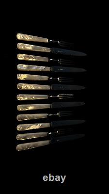 Vintage English sterling silver mother of pearl dessert knife fork 6 pair Boxed