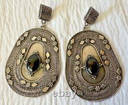 Vintage Ethnic Pair Silver & Onyx Earrings Filigree Large Size