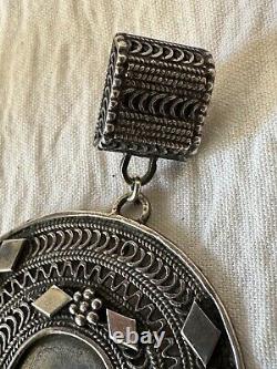 Vintage Ethnic Pair Silver & Onyx Earrings Filigree Large Size