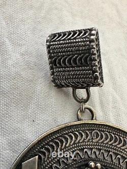 Vintage Ethnic Pair Silver & Onyx Earrings Filigree Large Size