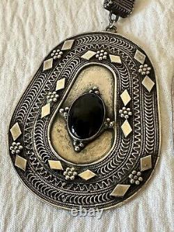 Vintage Ethnic Pair Silver & Onyx Earrings Filigree Large Size
