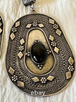 Vintage Ethnic Pair Silver & Onyx Earrings Filigree Large Size